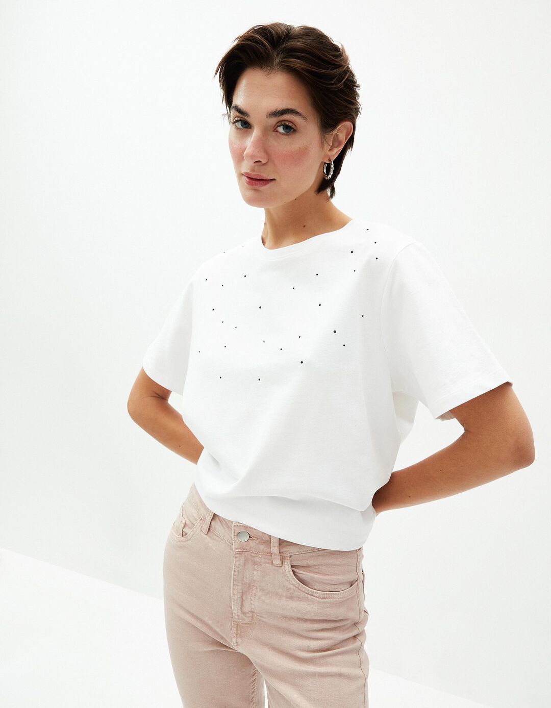 T-shirt com Brilhantes, Mulher, Branco