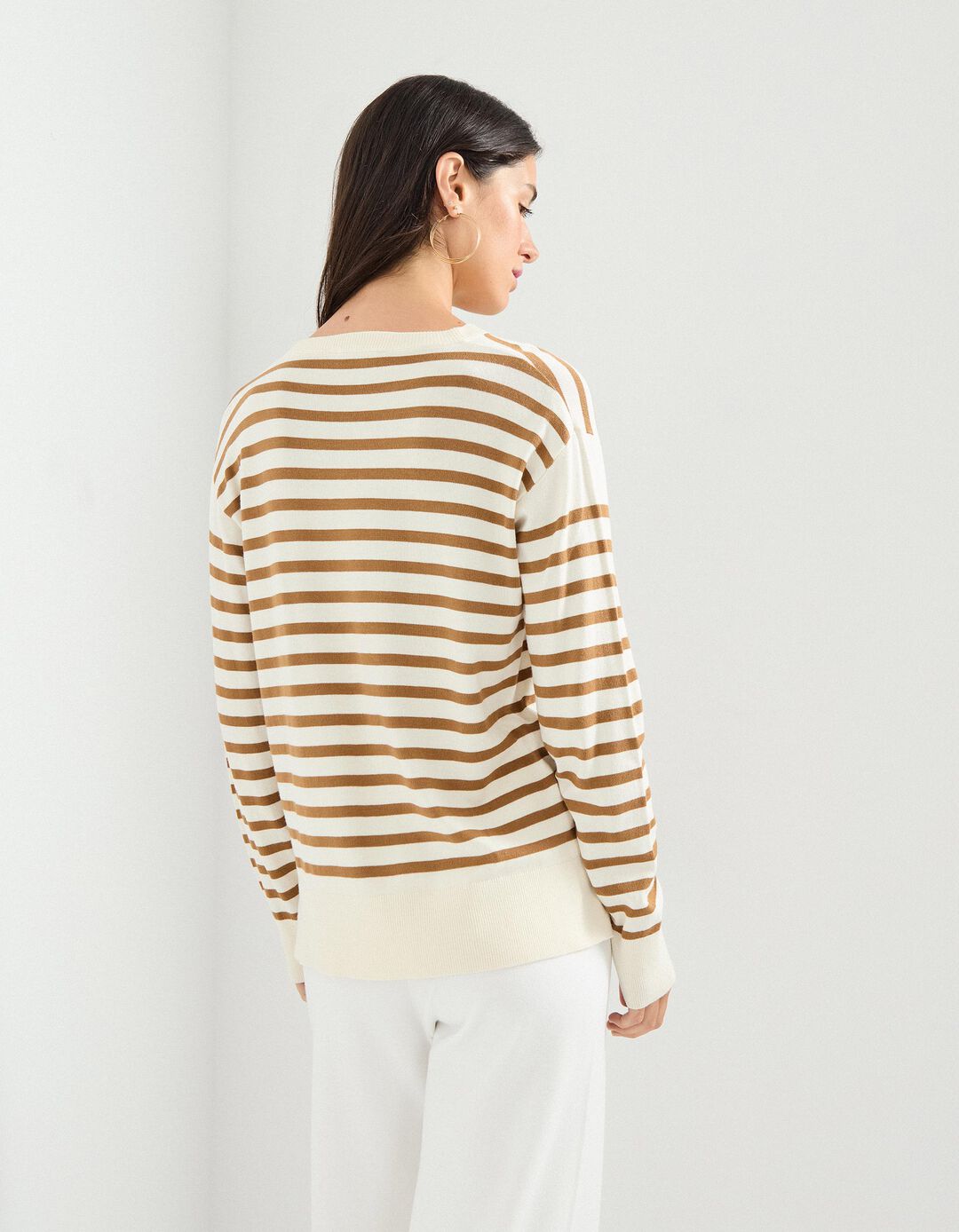 Camisola de Malha com Riscas, Mulher, Bege Claro
