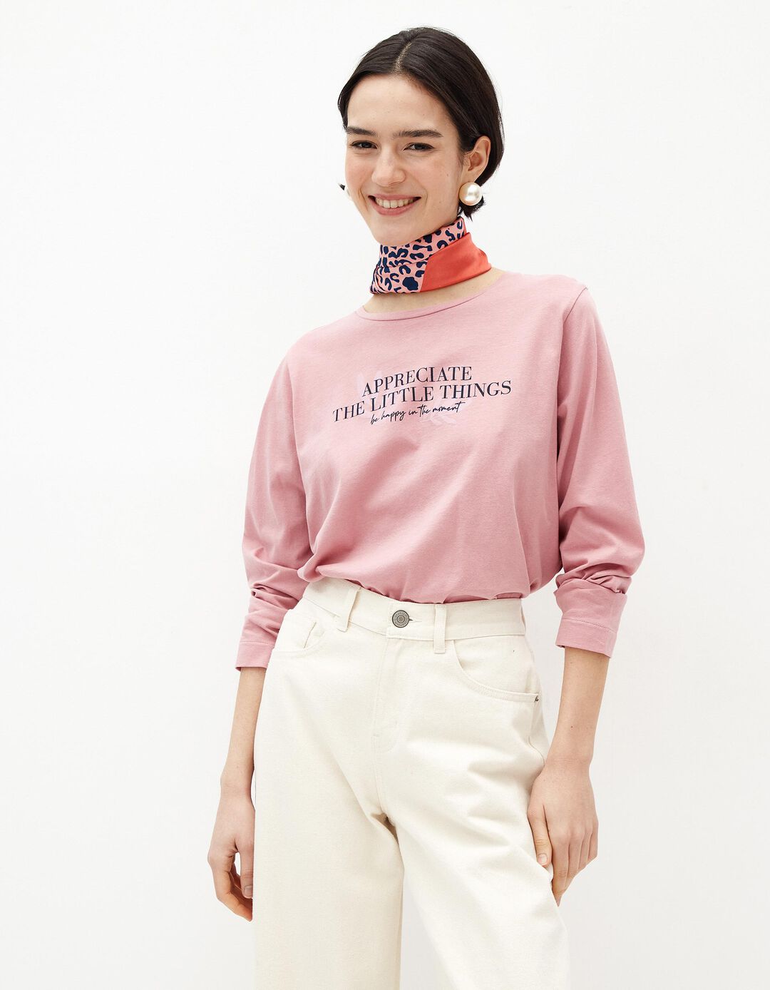T-shirt de Manga Comprida Estampado, Mulher, Rosa Escuro