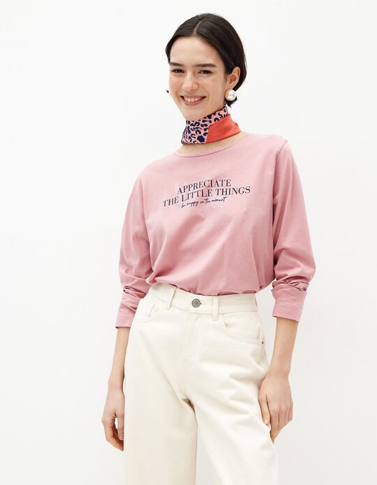 Comprar Online T-shirt de Manga Comprida Estampado, Mulher, Rosa Escuro