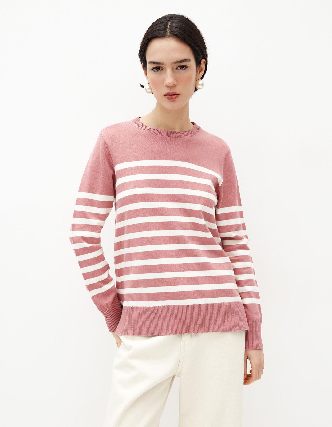 Camisola Malha Riscas, Mulher, Rosa Escuro