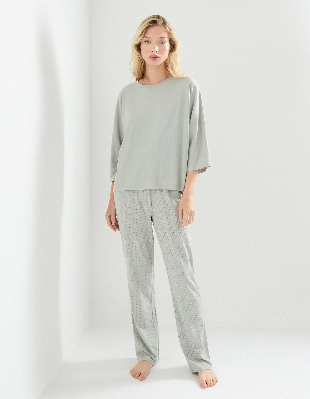 Pijama com Bolinhas, Mulher, Cinzento Claro