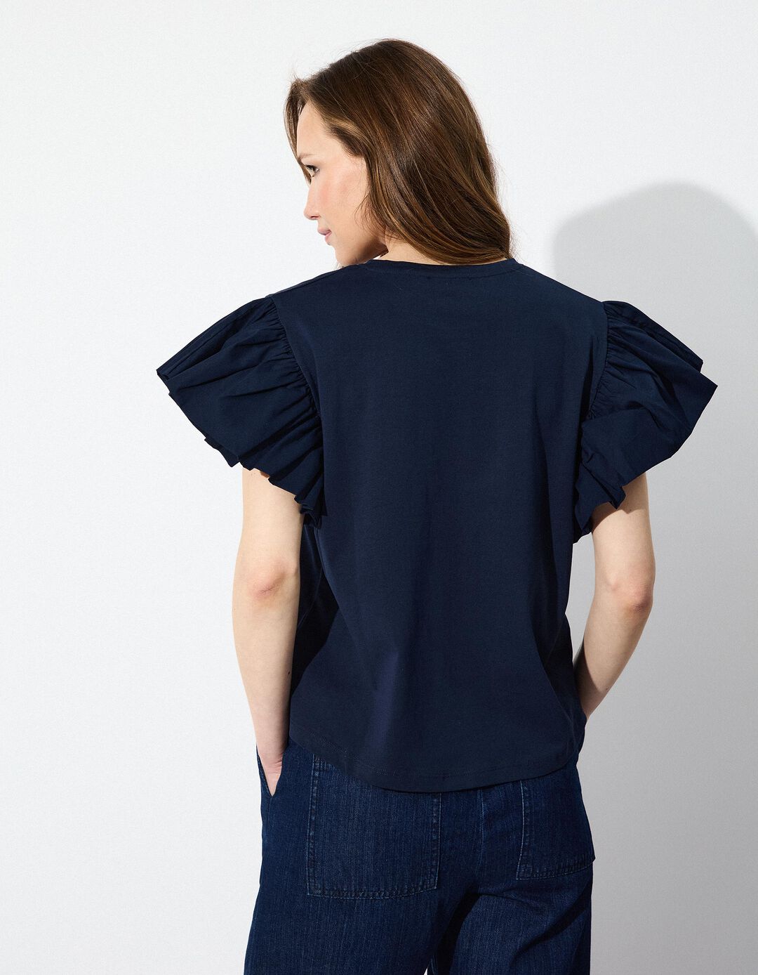 T-shirt com Mangas de Folhos, Mulher, Azul Escuro 