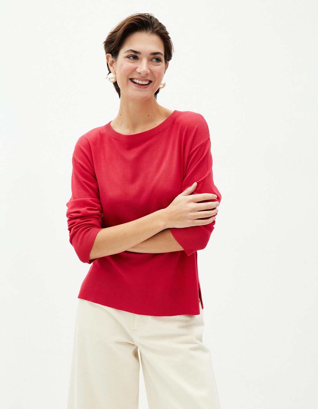 Camisola de Malha Decote Redondo, Mulher, Rosa