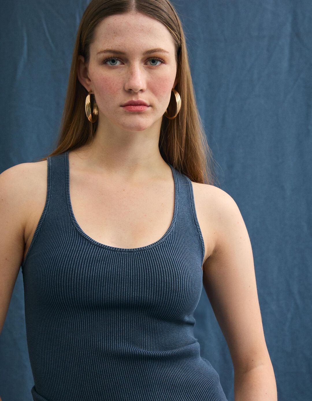 Tank Top Canelado, Mulher, Azul Escuro