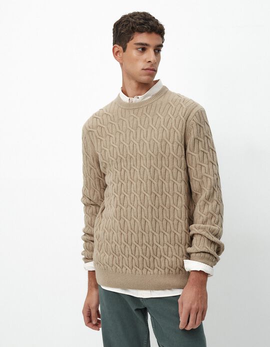 Comprar Online Camisola de Malha Entrançada, Homem, Bege