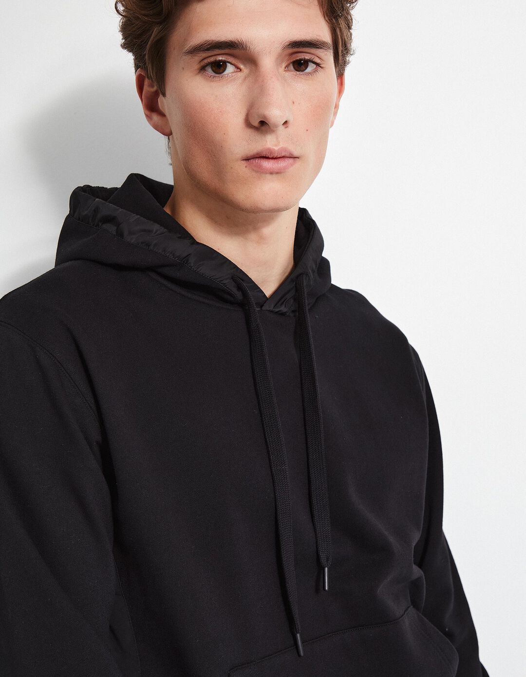 Sweatshirt de Felpa Detalhes Nylon Capuz, Homem,Preto