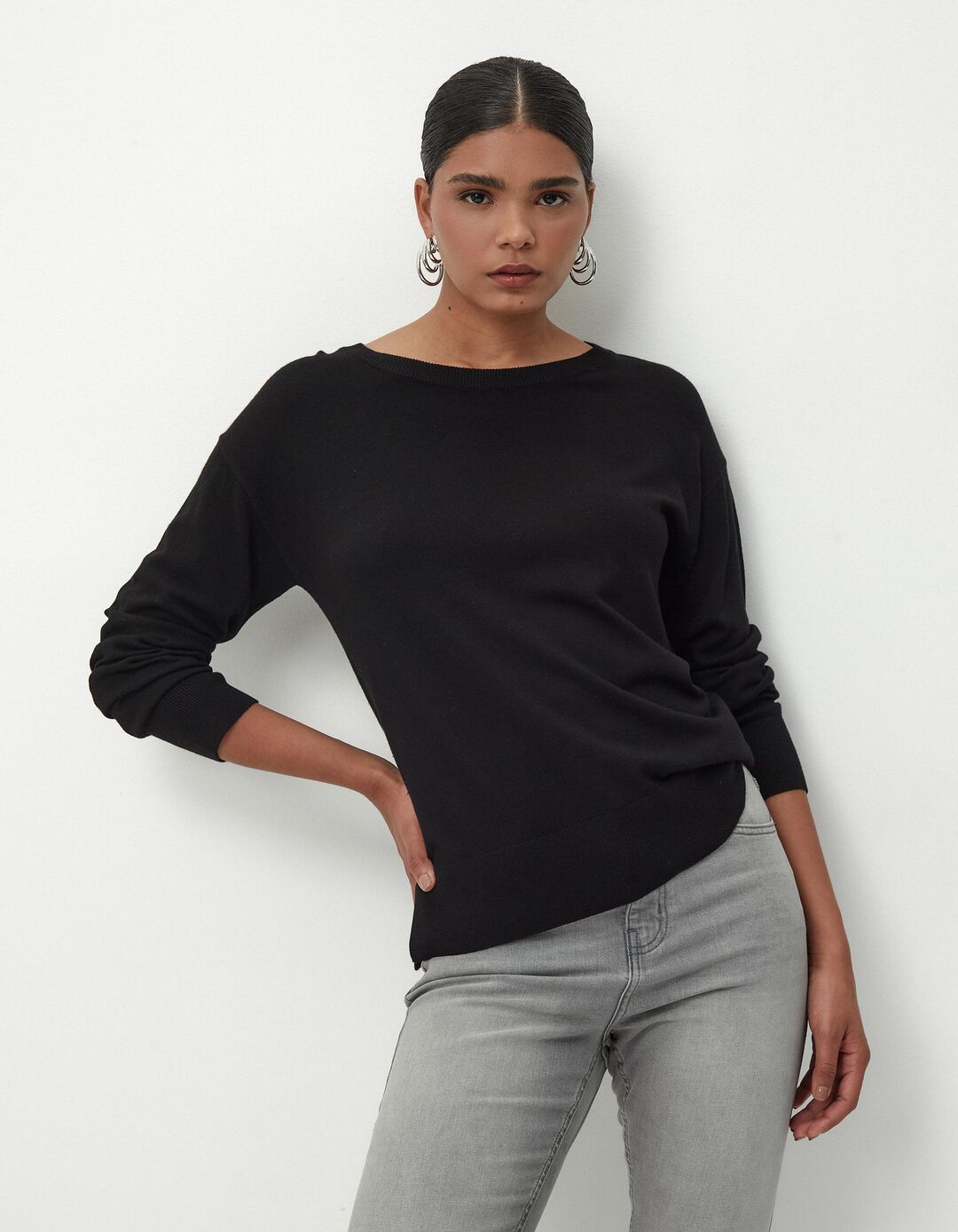 Camisola de Malha Decote Redondo, Mulher, Preto