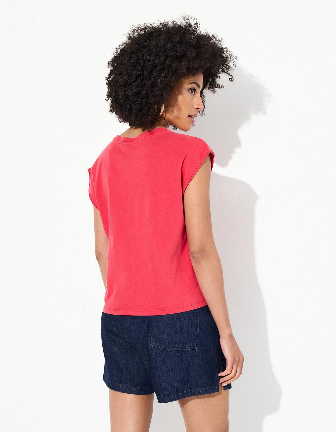 T-shirt Print sem Mangas, Mulher, Rosa Escuro 