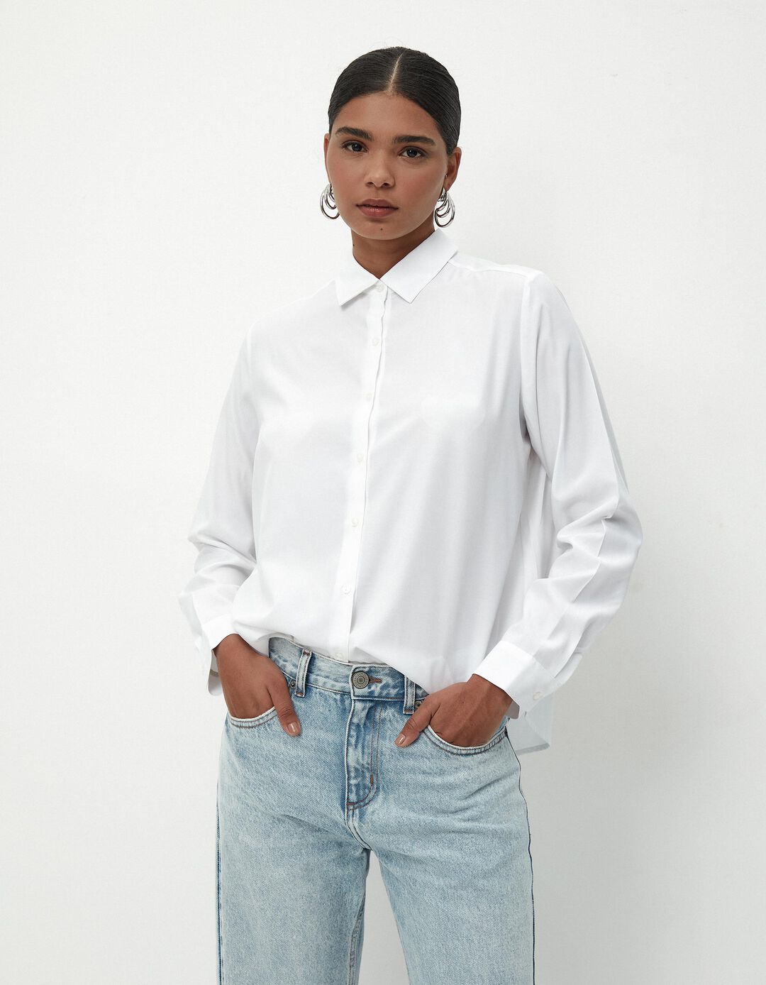 Camisa de Manga Comprida Popelina, Mulher, Branco