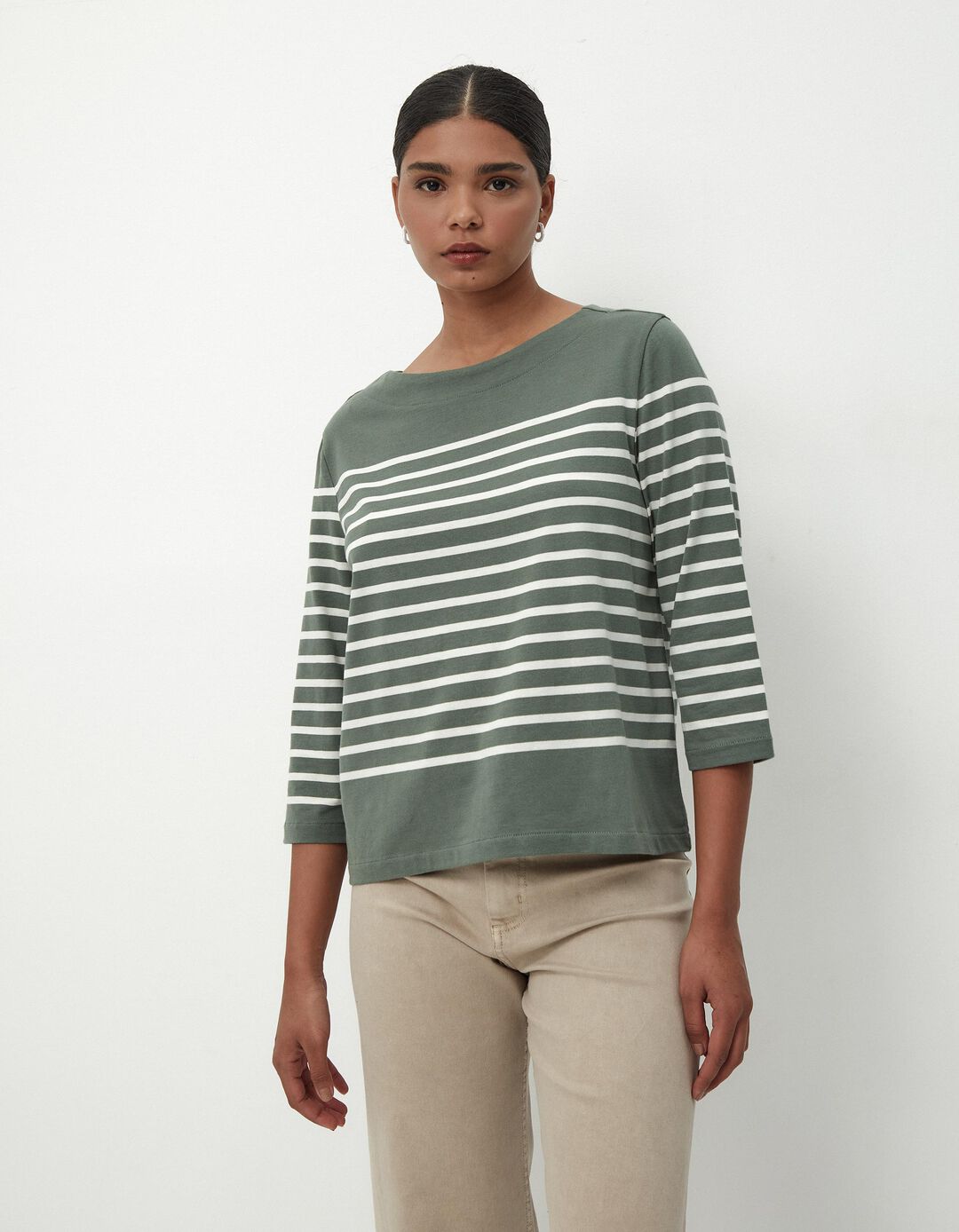 T-shirt de Manga Comprida Riscas, Mulher, Verde Escuro