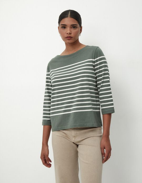 Comprar Online T-shirt de Manga Comprida Riscas, Mulher, Verde Escuro