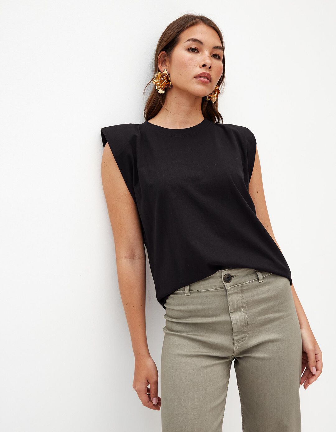 T-shirt com Ombreiras, Mulher, Preto