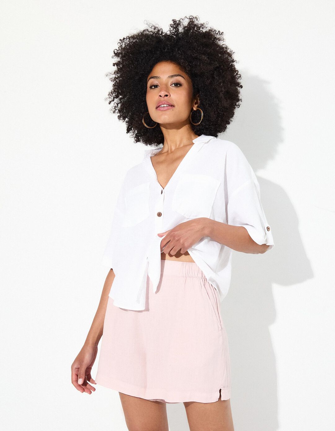 Camisa Curta com Linho, Mulher, Branco