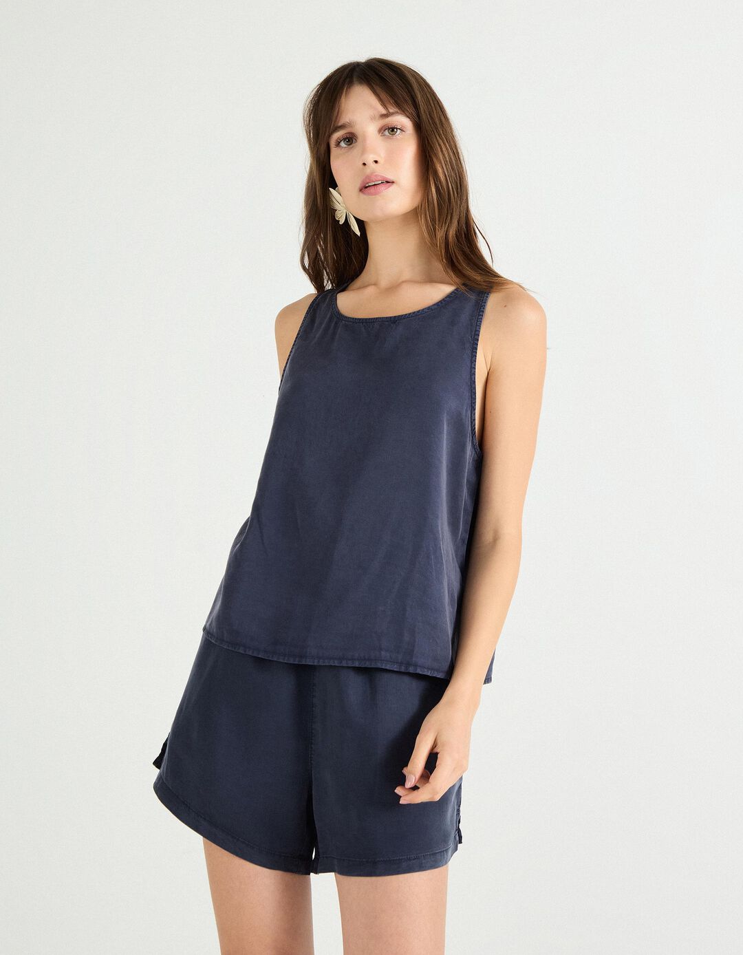 Top em Liocel, Mulher, Azul Escuro