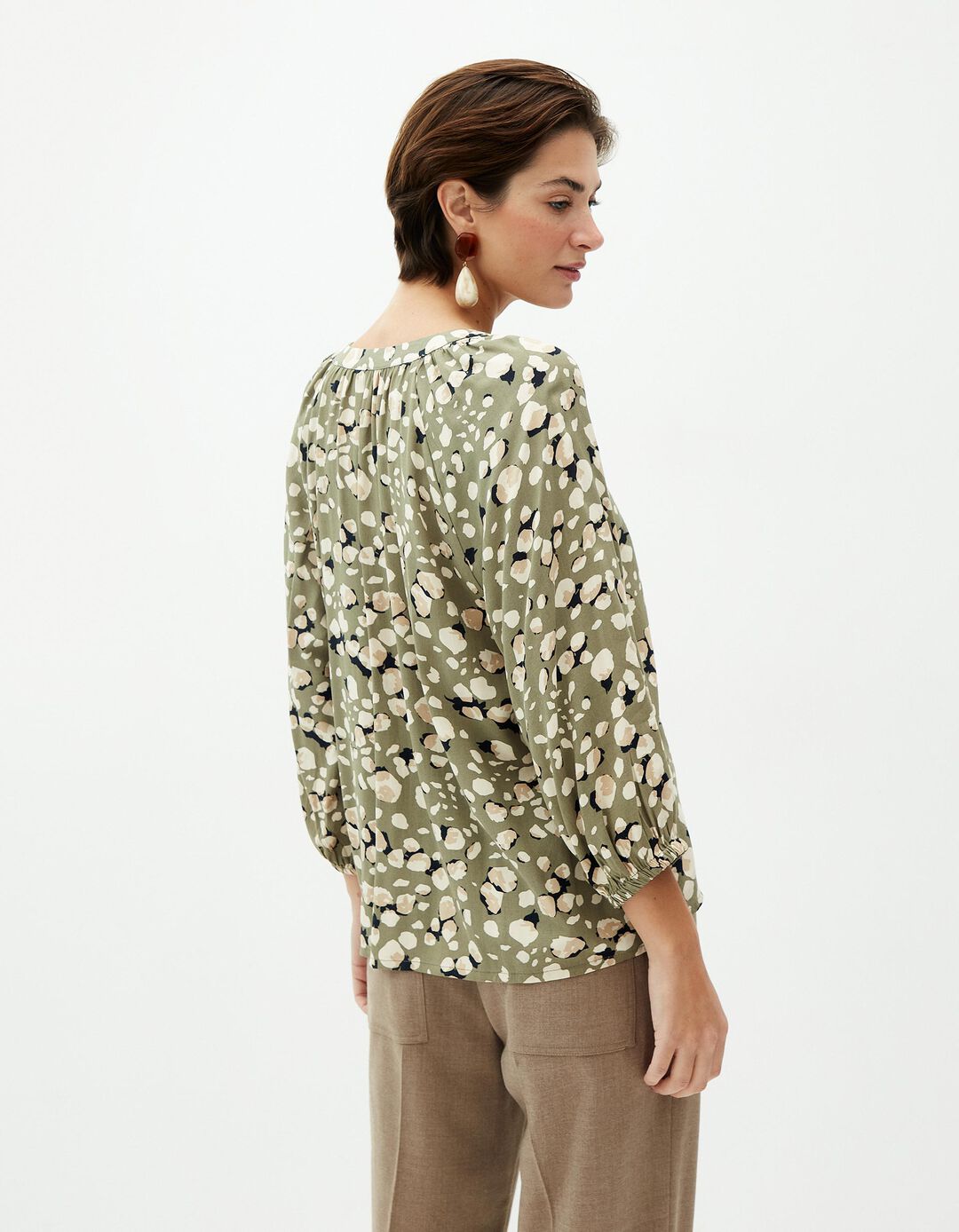 Blusa Estampada Decote em V, Mulher, Verde Escuro