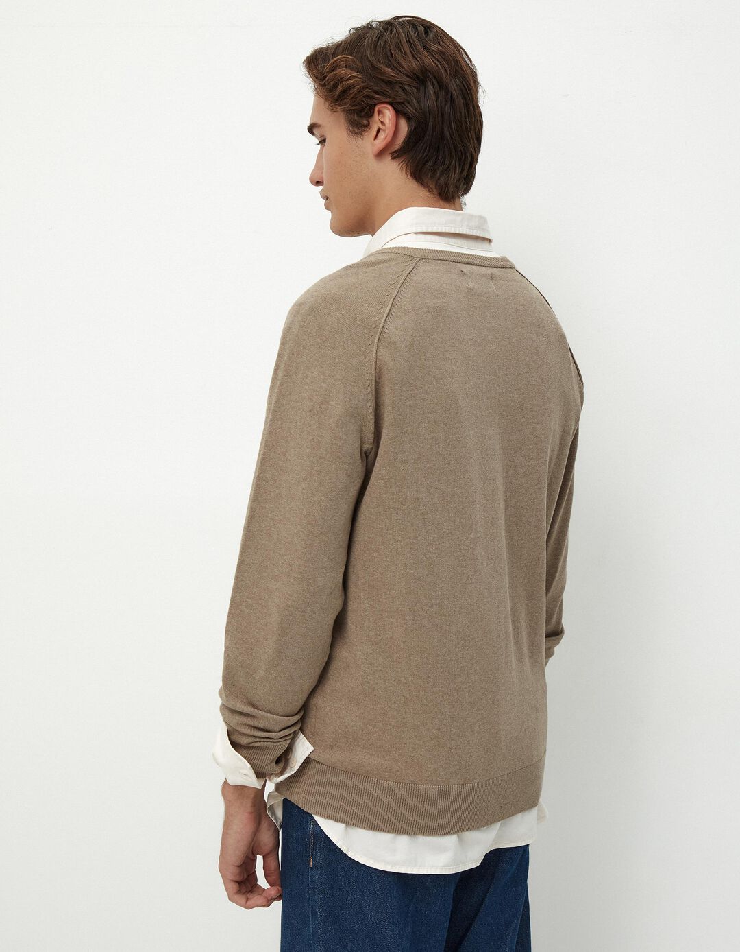 Camisola de Malha Decote em V, Homem, Bege Escuro