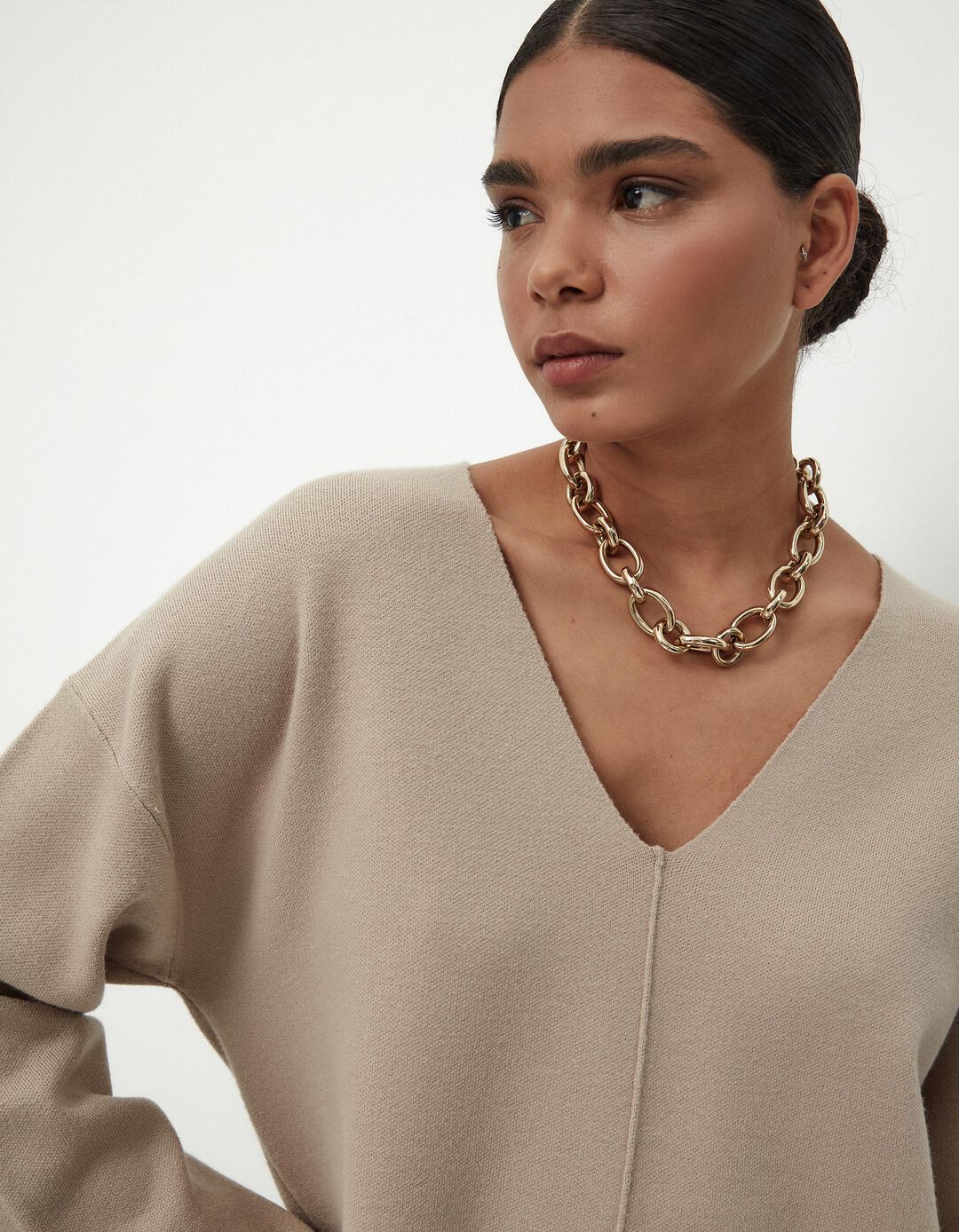 Camisola de Malha Decote em V, Mulher, Bege