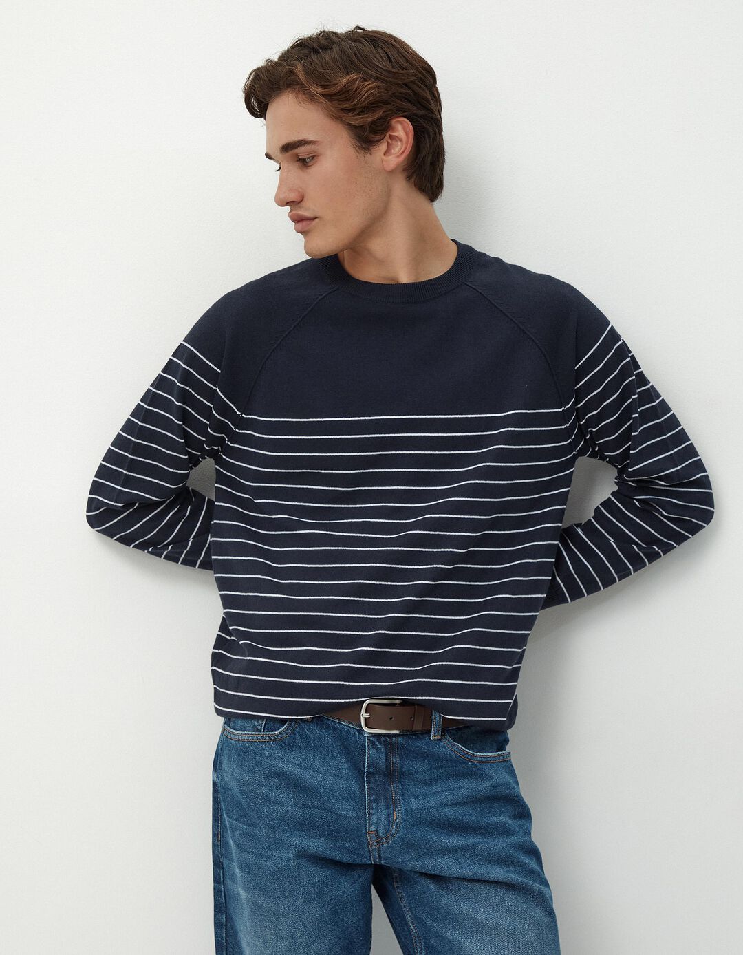 Camisola de Malha Riscas, Homem, Azul Escuro