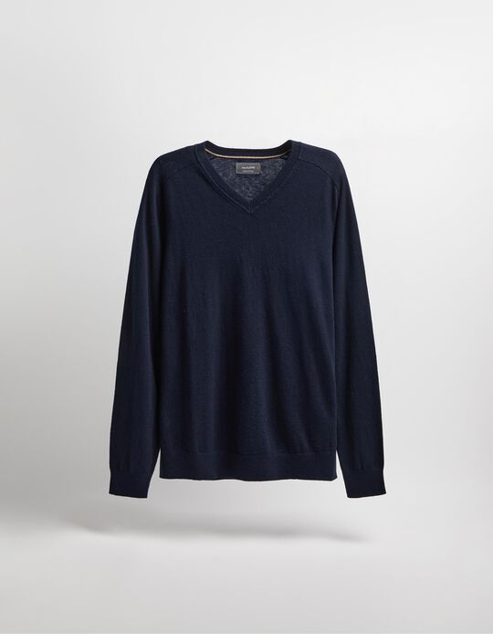 Comprar Online Camisola Mistura de Caxemira Decote em V, Homem, Azul Escuro