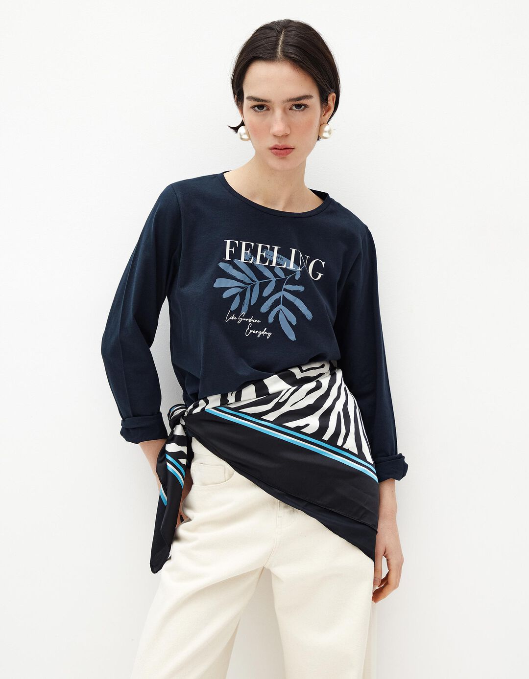 T-shirt de Manga Comprida Estampado, Mulher, Azul Escuro