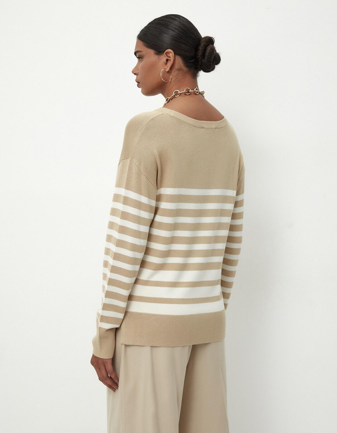 Camisola de Malha Riscas Decote Redondo, Mulher, Bege Escuro