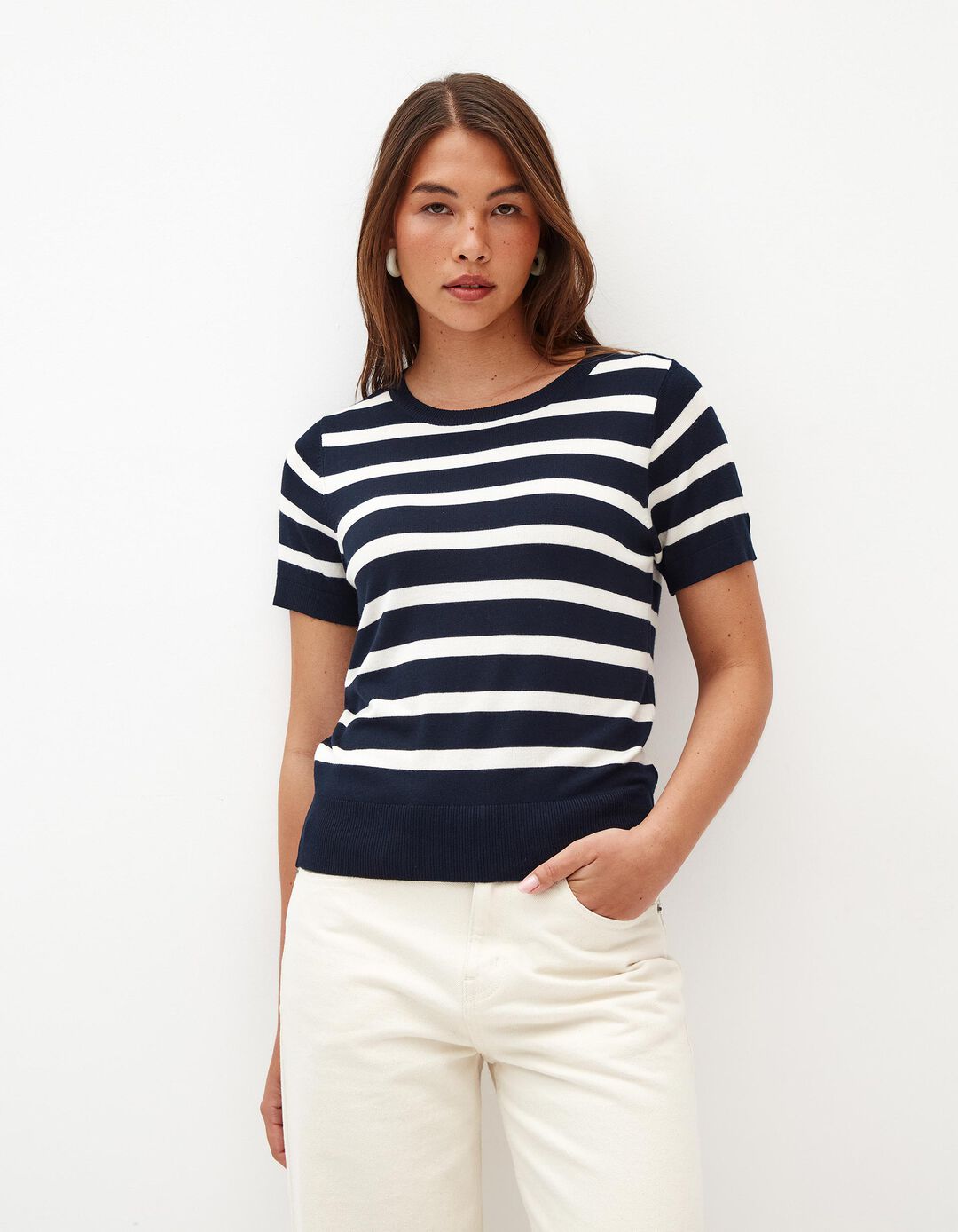 T-shirt Riscas de Malha Fina, Mulher, Azul