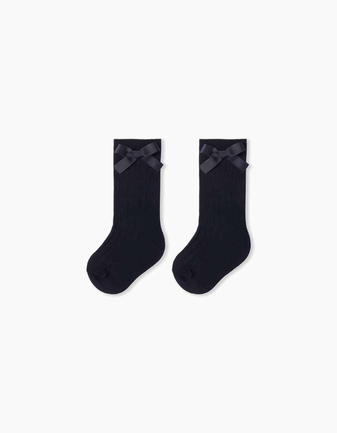 Pack 2 Pares de Meias Altas Caneladas Laço, Menina, Azul Escuro