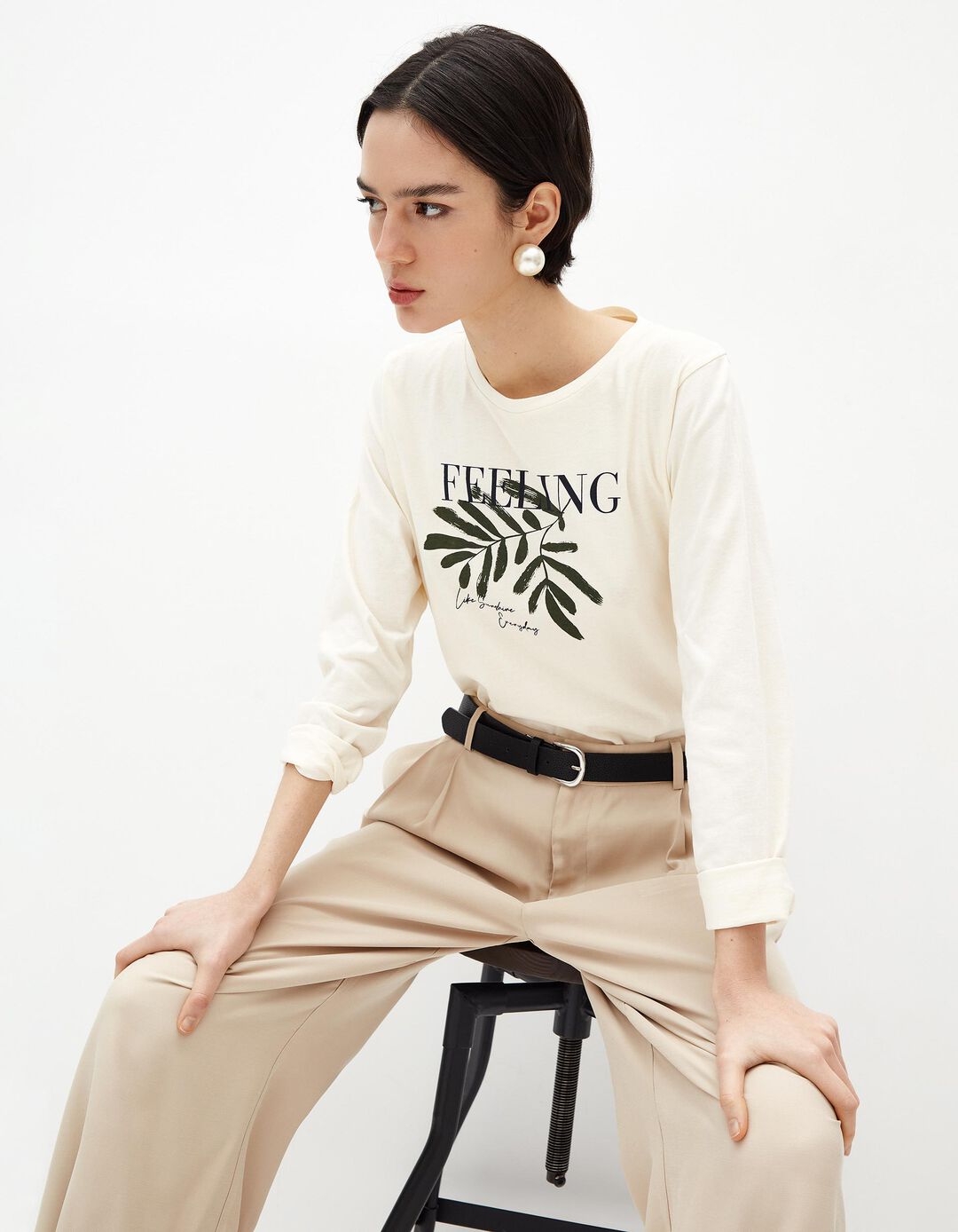 T-shirt de Manga Comprida Estampado, Mulher, Bege Claro