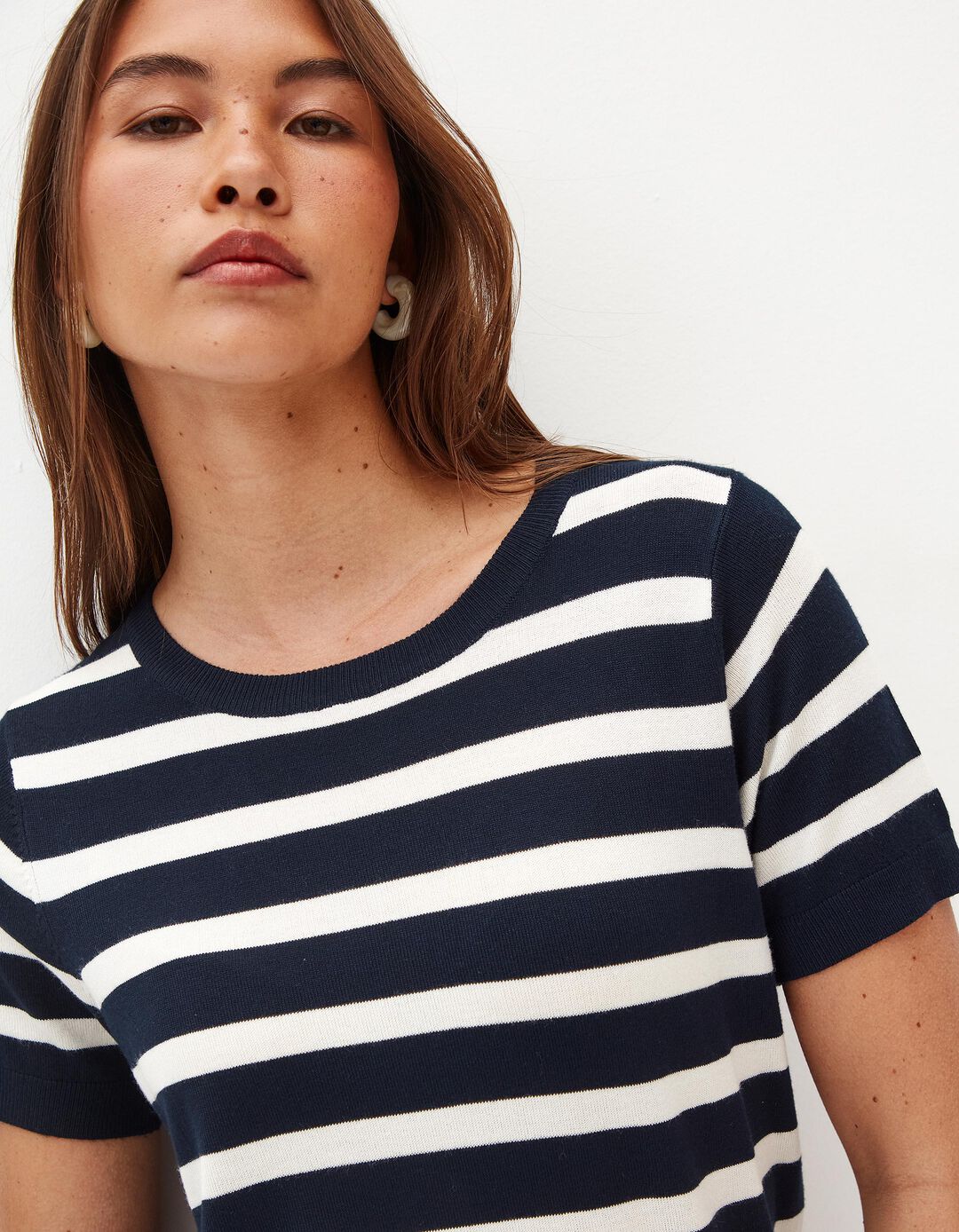 T-shirt Riscas de Malha Fina, Mulher, Azul
