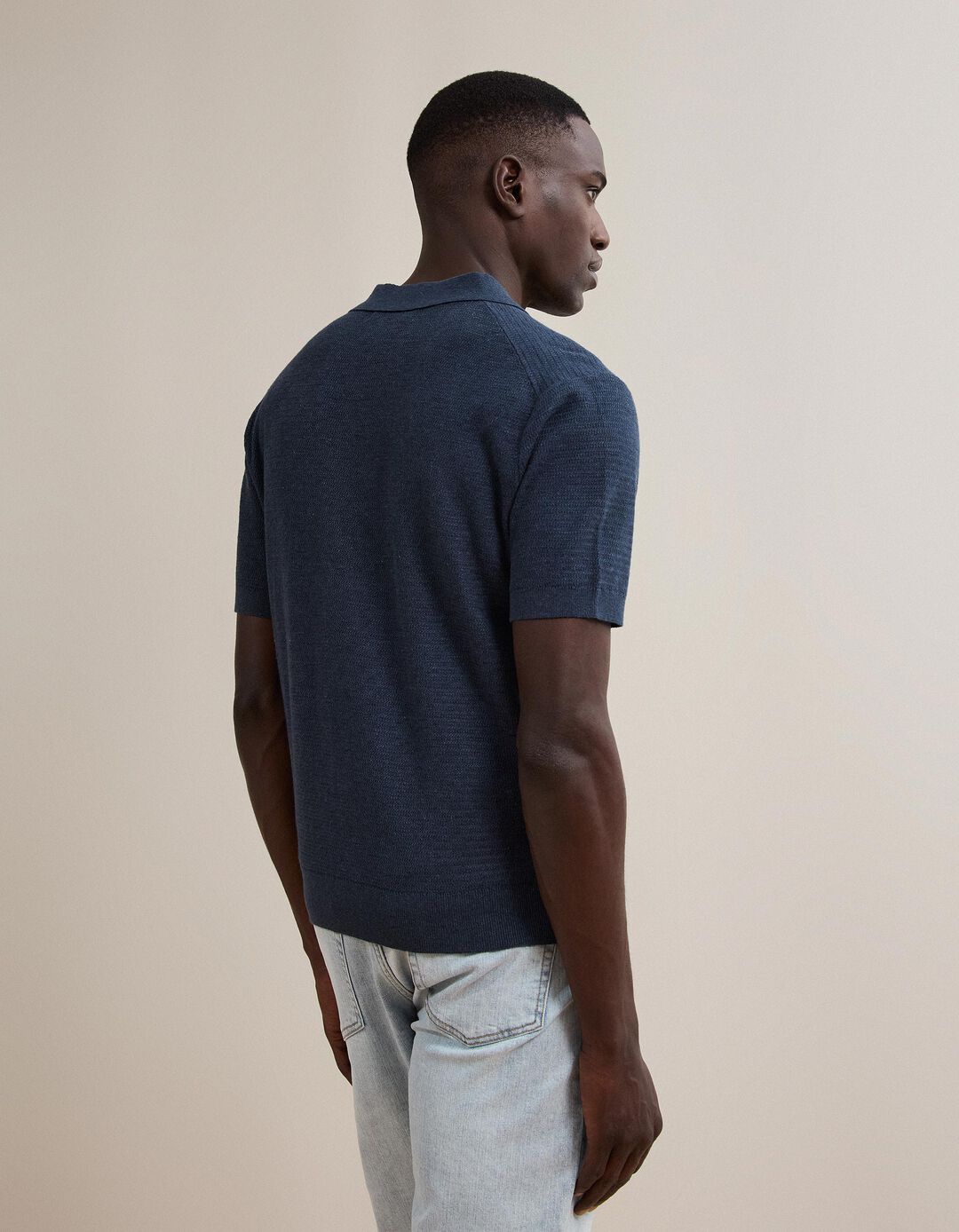 Polo De Malha Tricotada Com Linho, Homem, Azul Escuro