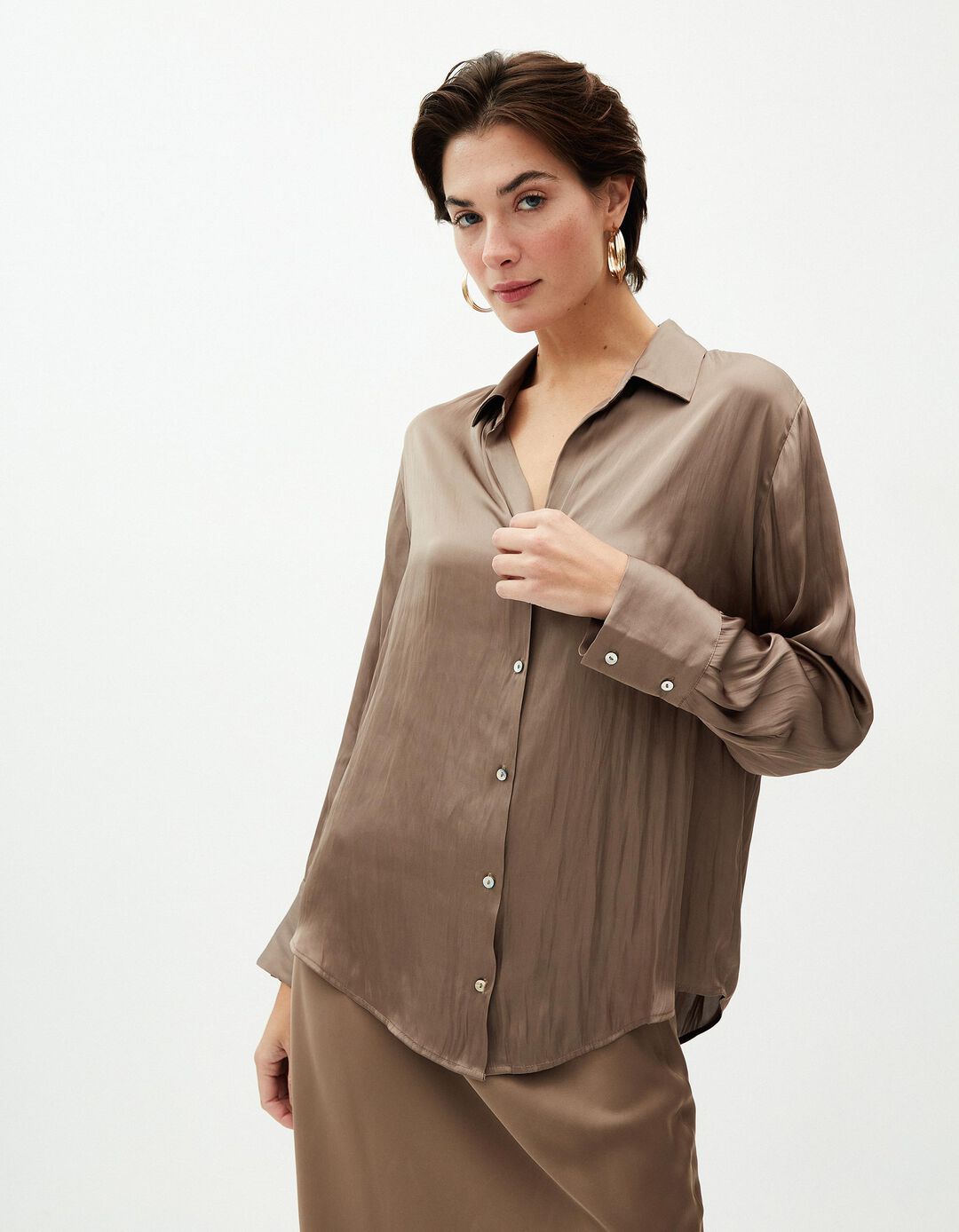 Camisa Acetinado, Mulher, Bege Escuro 