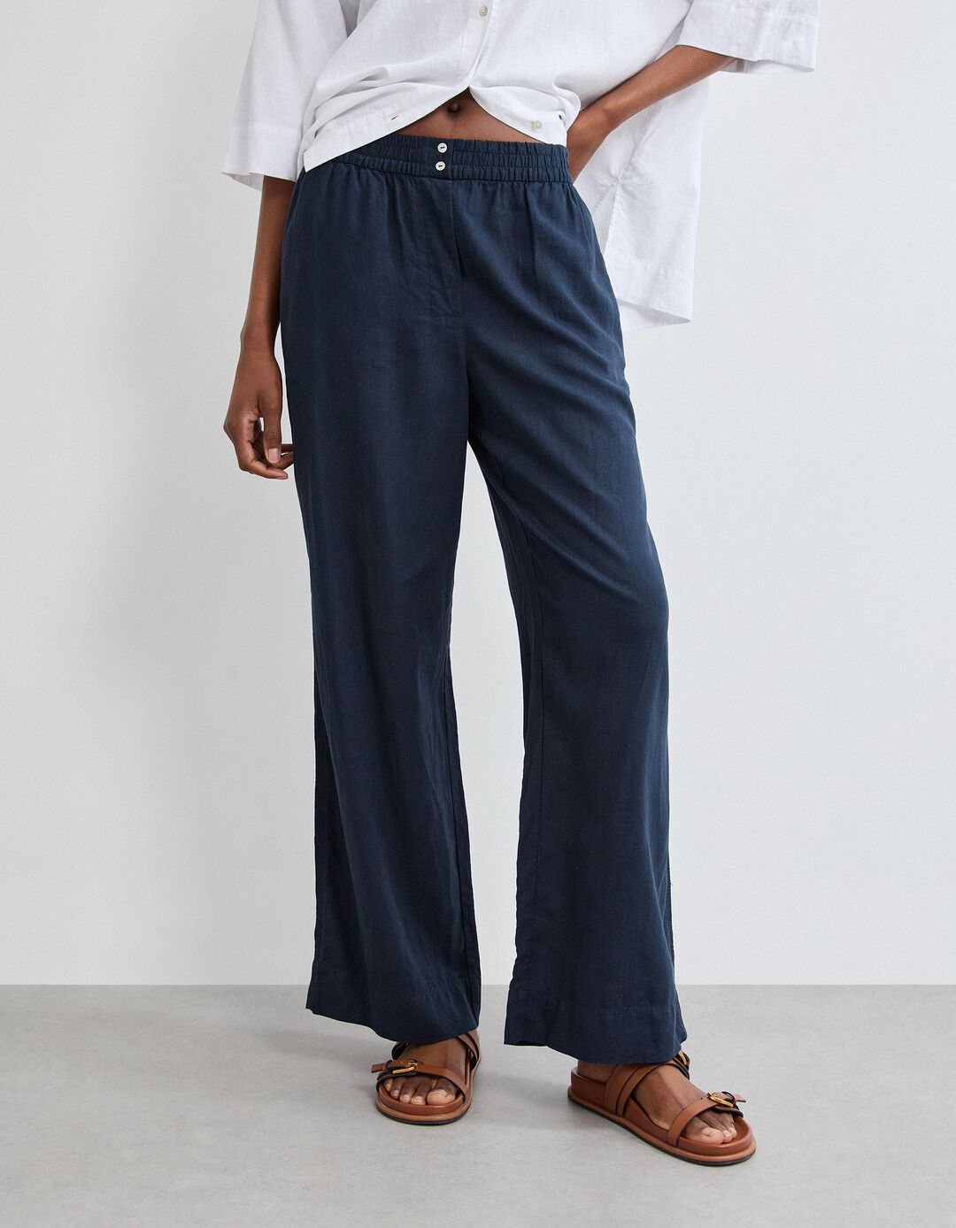 Cal&ccedil;as com Linho, Mulher, Azul Escuro