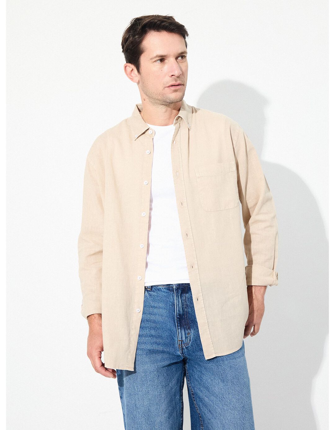 Camisa com Linho, Homem, Bege