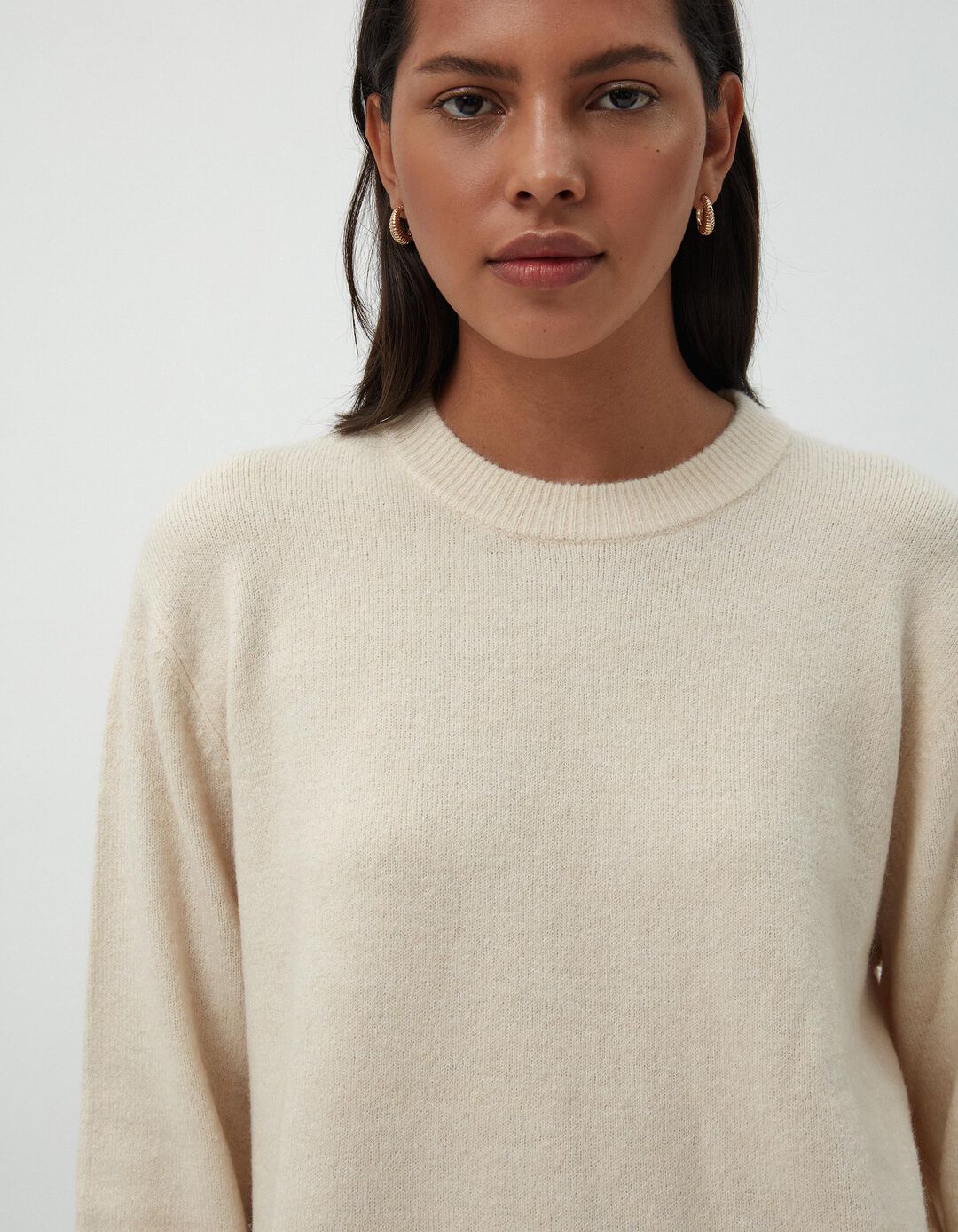 Camisola de Malha Decote Redondo, Mulher, Bege Claro