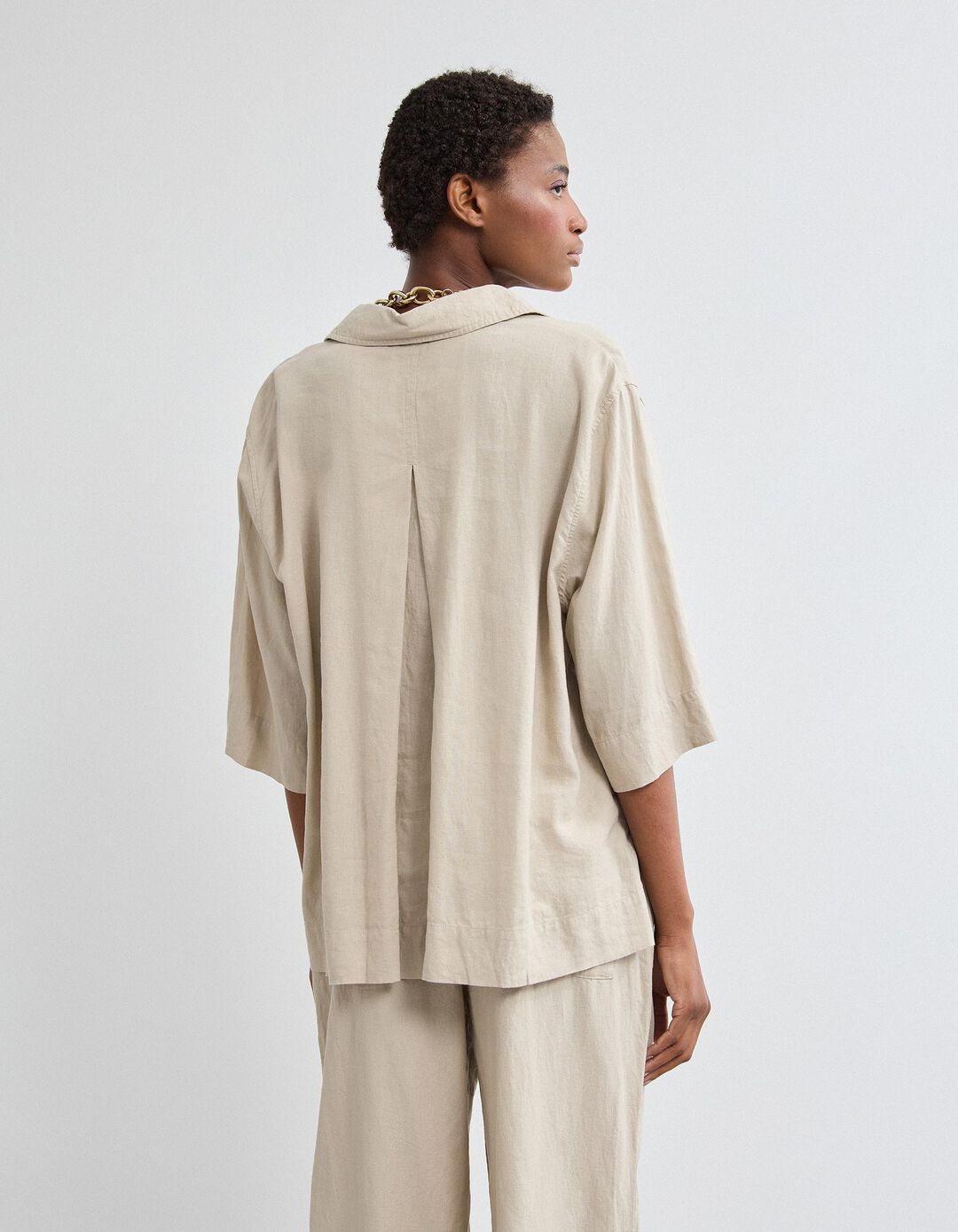 Camisa com Linho, Mulher, Bege