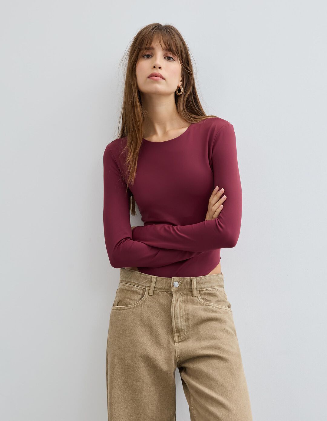 Body de Manga Comprida, Mulher, Vermelho Escuro