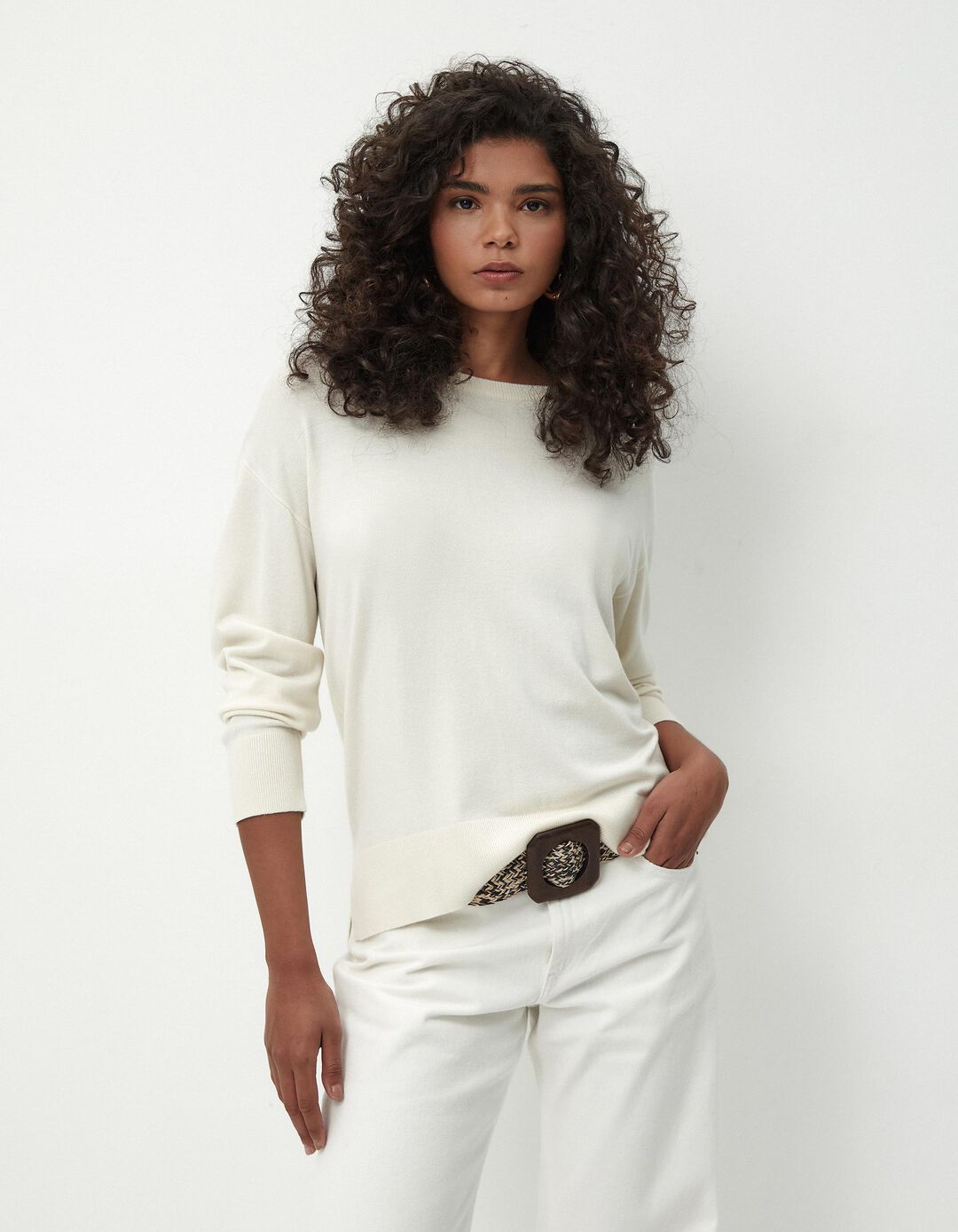 Camisola de Malha Decote Redondo, Mulher, Bege Claro