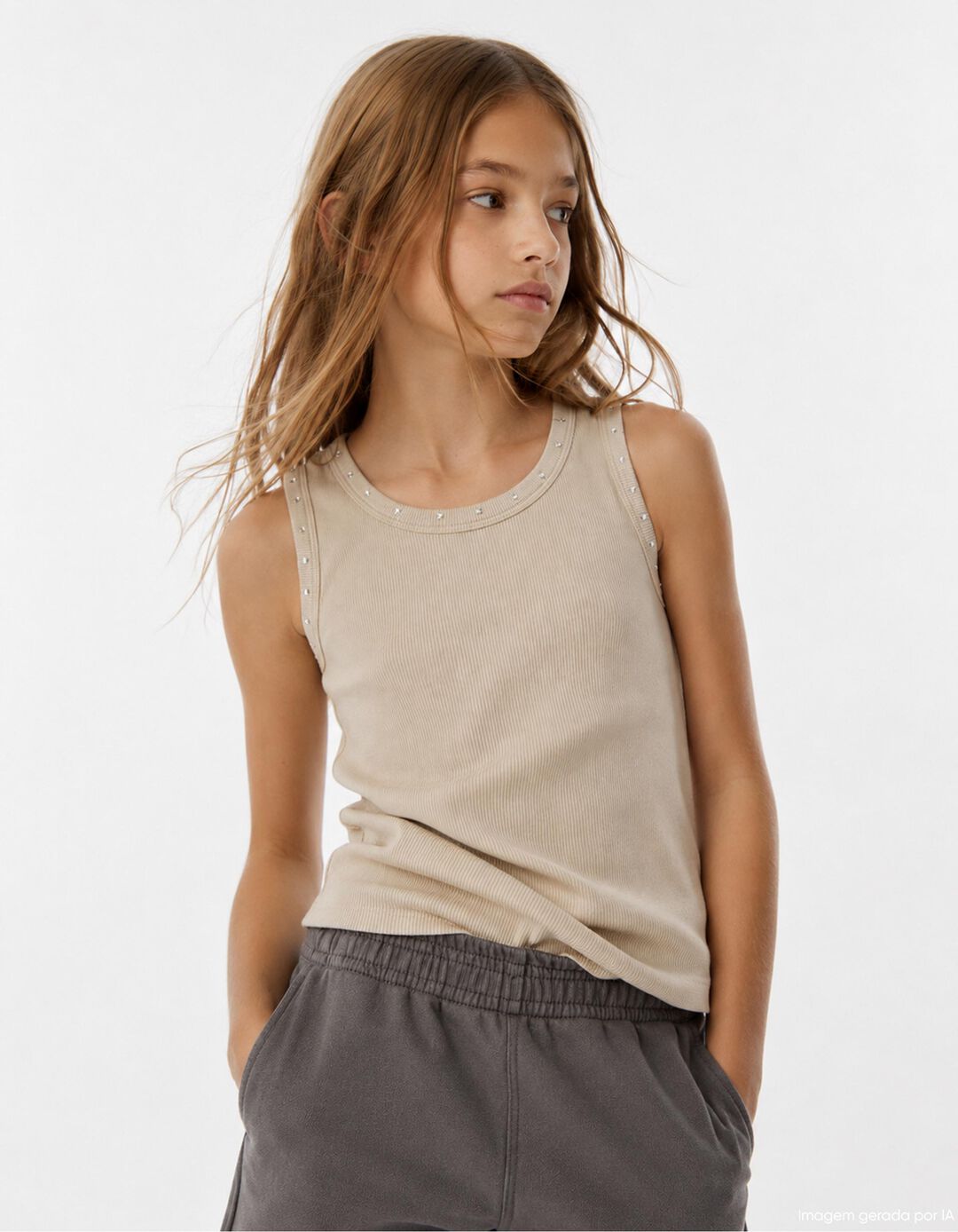 Top de Malha Canelada, Menina, Bege