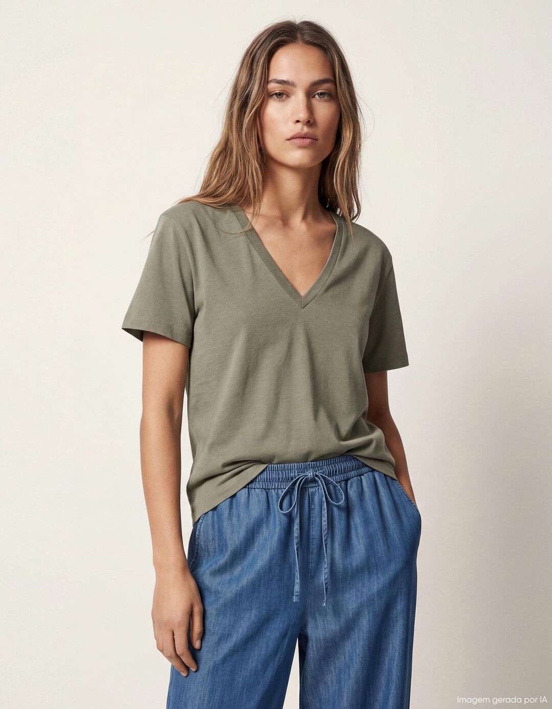T-shirt Decote em V, Mulher, Verde 