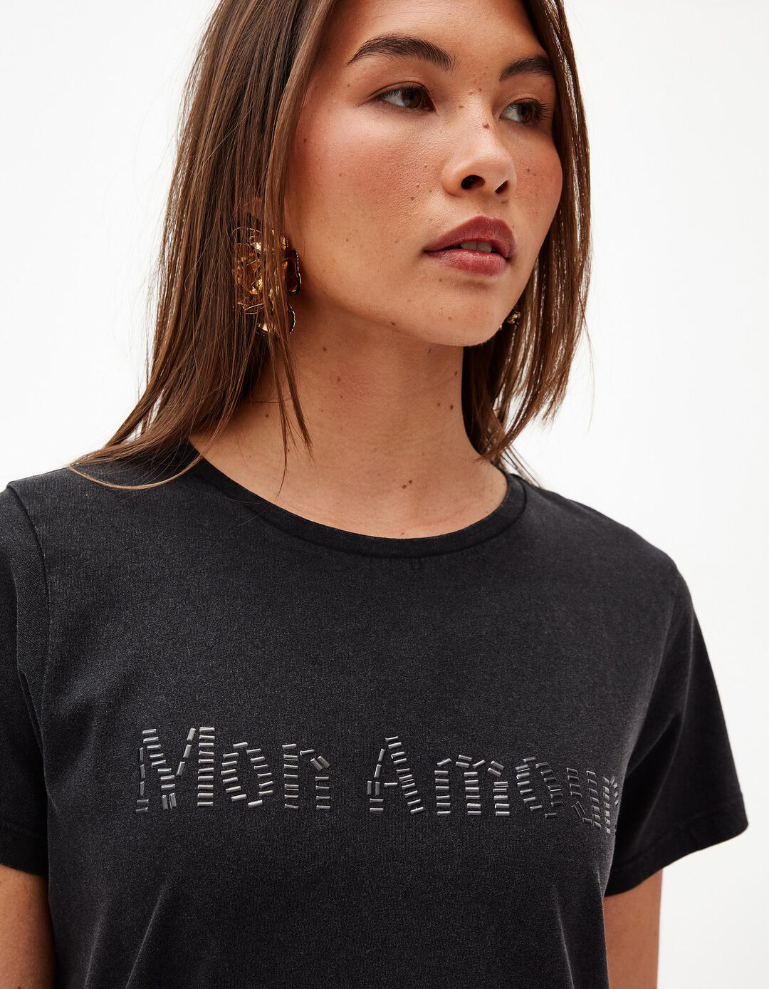 T-shirt com Missangas, Mulher, Preto 