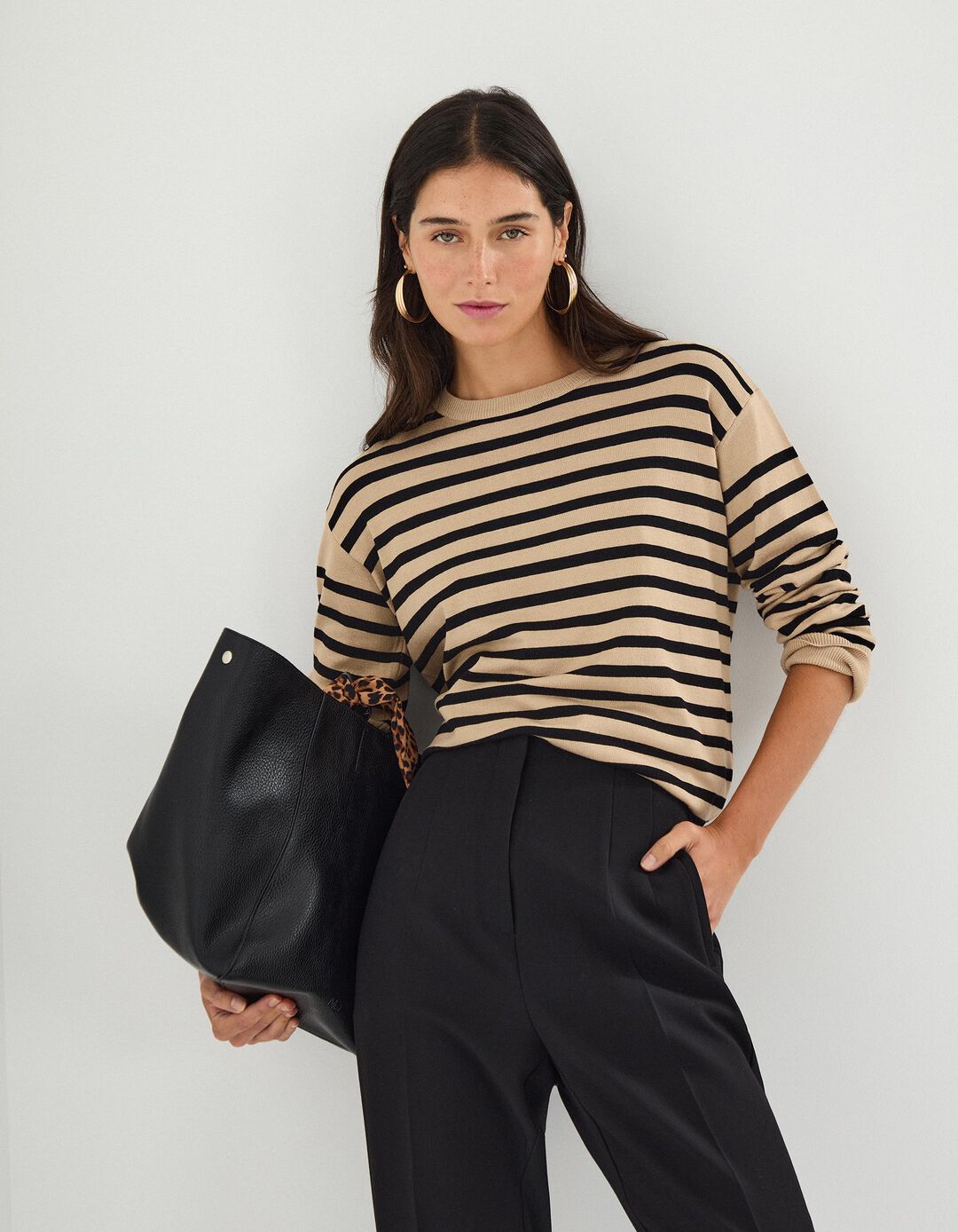 Camisola de Malha com Riscas, Mulher, Bege