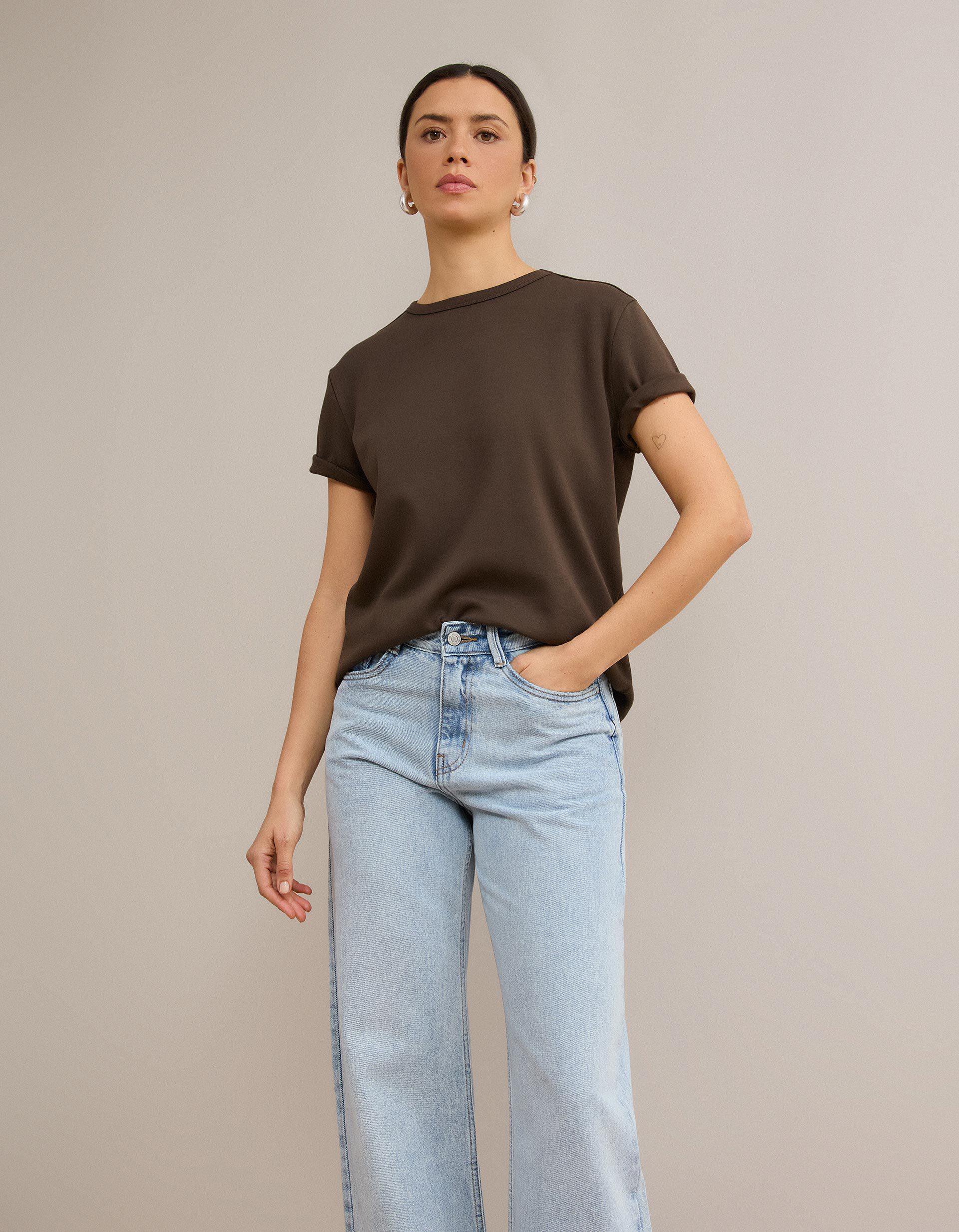 Comprar Online T-shirt Interlock Manga Curta, Mulher, Castanho Escuro