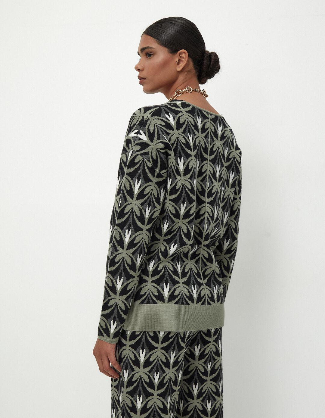 Camisola Malha Jacquard Estampada Decote em V, Mulher, Multicor