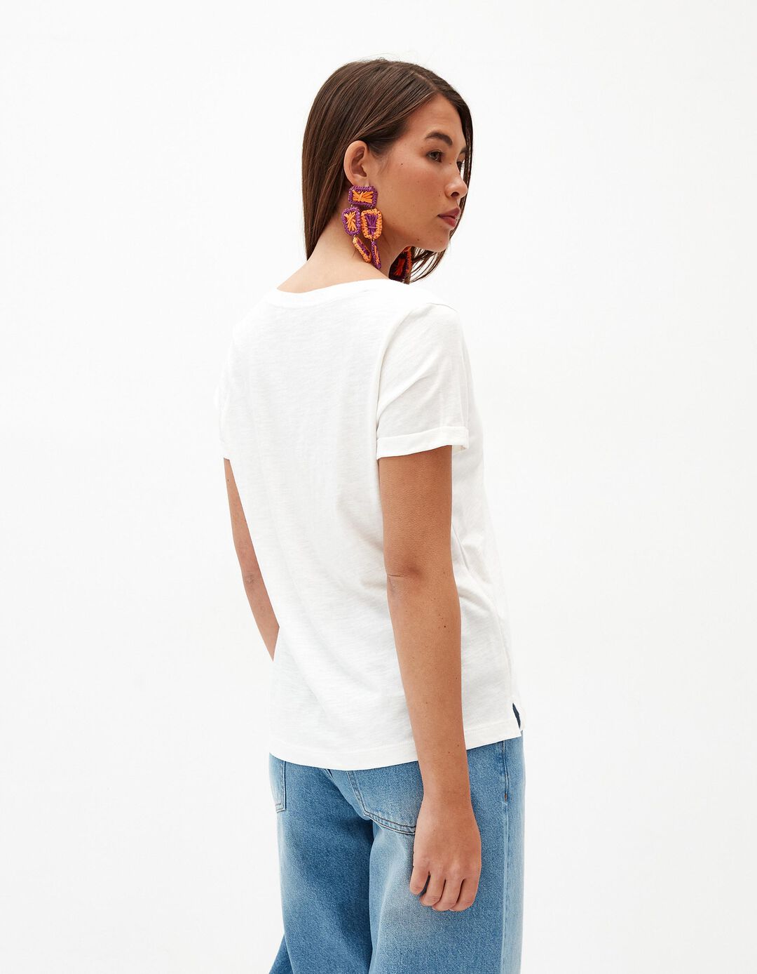 T-shirt Decote em V, Mulher, Bege Claro