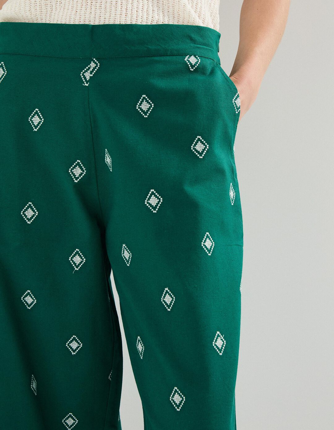 Calças Culotte com Linho, Mulher, Verde 