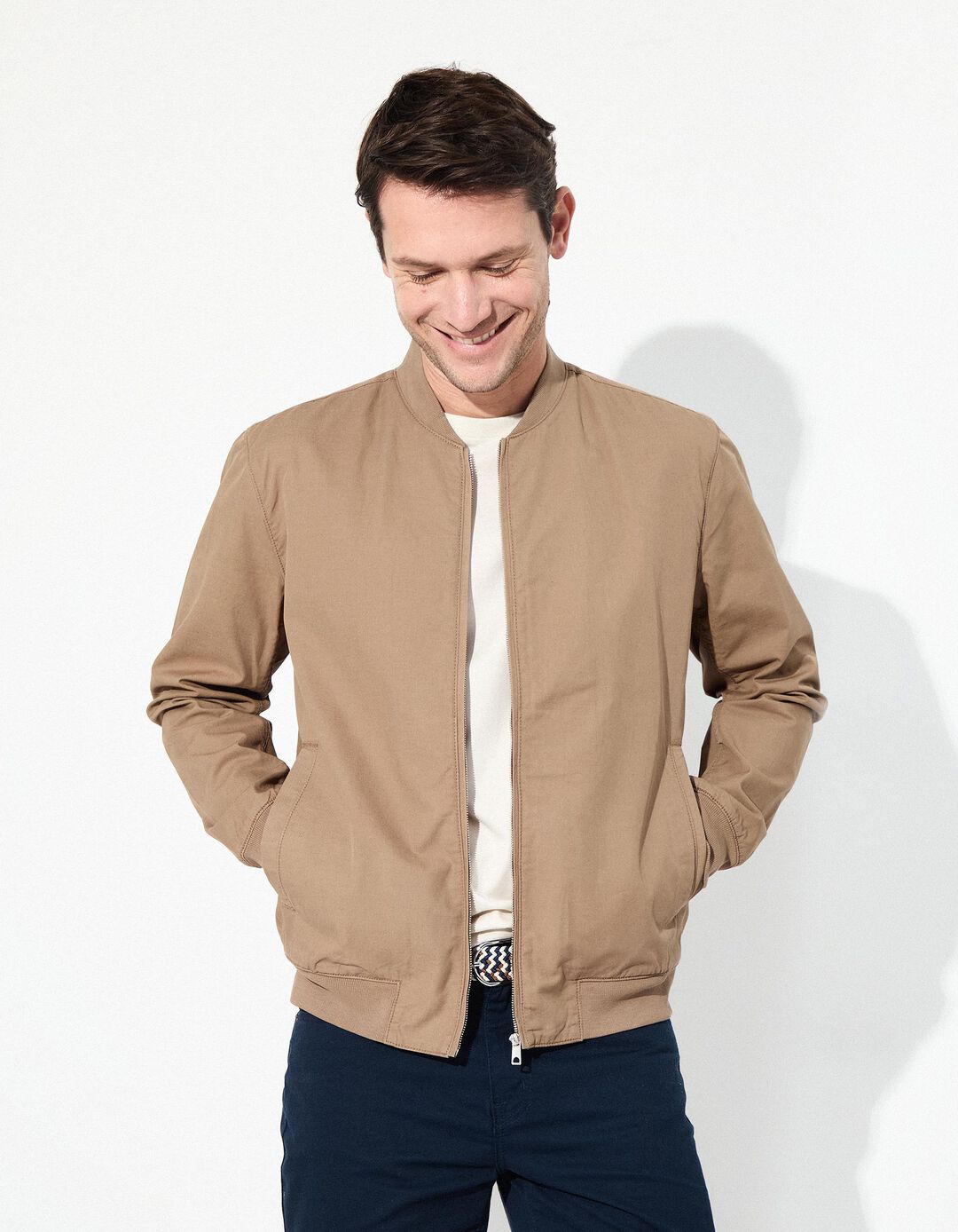 Casaco Bomber com Linho, Homem, Bege 