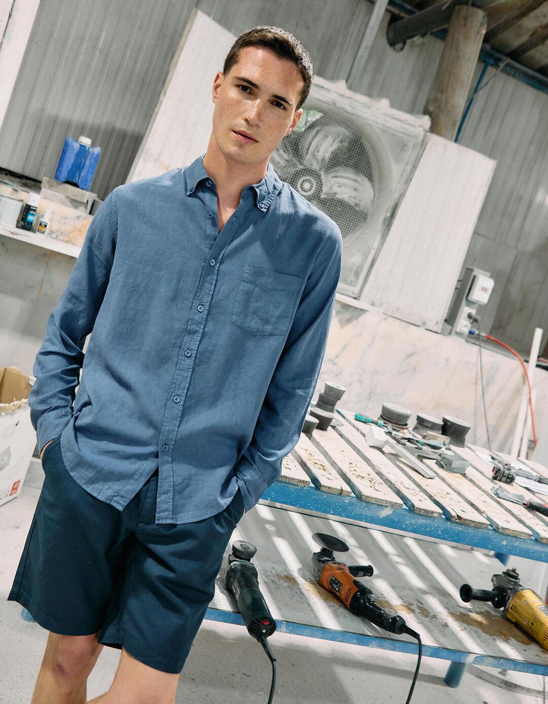 Camisa com Linho, Homem, Azul