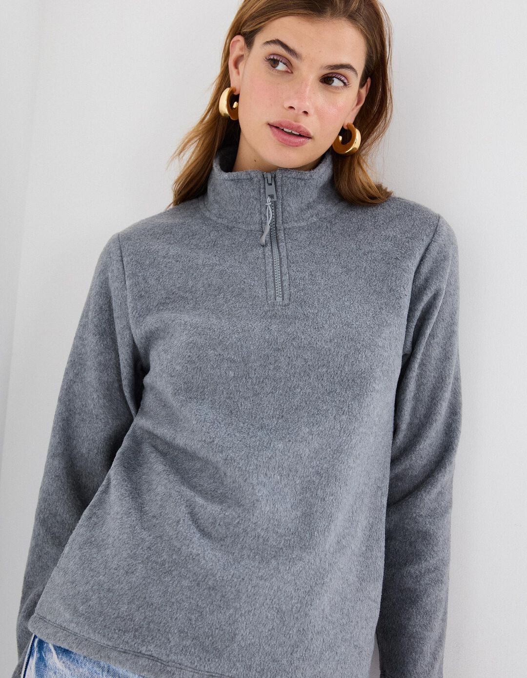 Camisola Polar com Fecho, Mulher, Cinzento