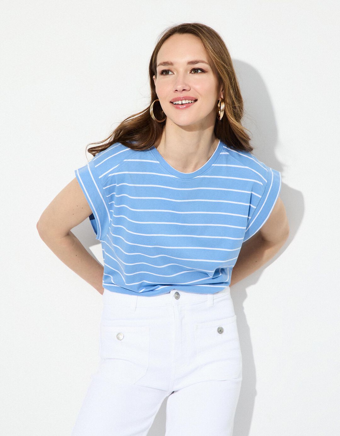 T-shirt às riscas, Mulher, Azul